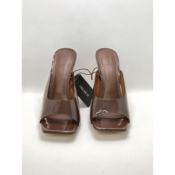 Brown Vinyl Spool Heeled Open Square Toe Slides 8 Transparent Mules x Forever21 - Picture 2 of 15